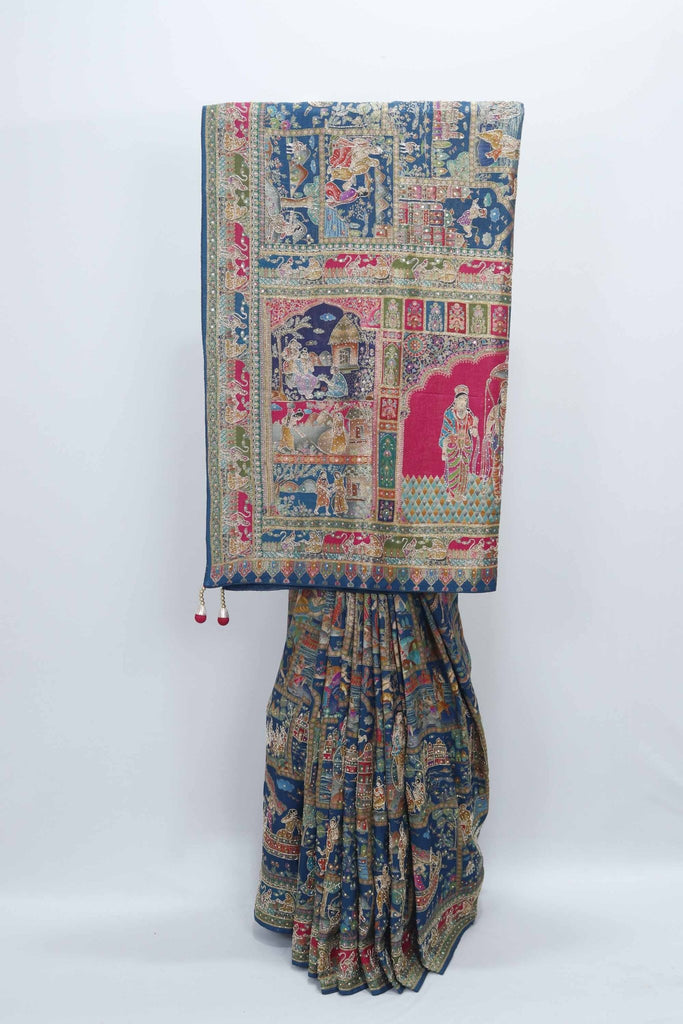 Navy Blue Bandhani Saree with Multicolor Pichwai Print Pallu - Mangaldeep NX