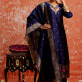 Navy Blue Cotton Blend Embroidered Straight Suit Set with Zari Work - Mangaldeep NX