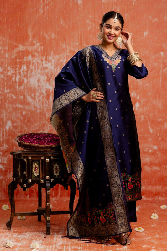 Navy Blue Cotton Blend Embroidered Straight Suit Set with Zari Work - Mangaldeep NX