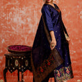 Navy Blue Cotton Blend Embroidered Straight Suit Set with Zari Work - Mangaldeep NX