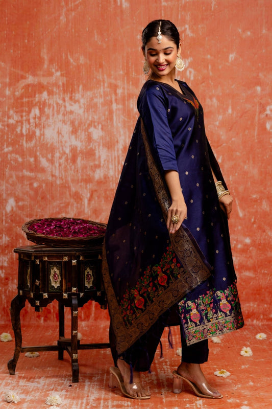 Navy Blue Cotton Blend Embroidered Straight Suit Set with Zari Work - Mangaldeep NX