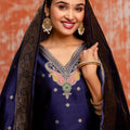 Navy Blue Cotton Blend Embroidered Straight Suit Set with Zari Work - Mangaldeep NX