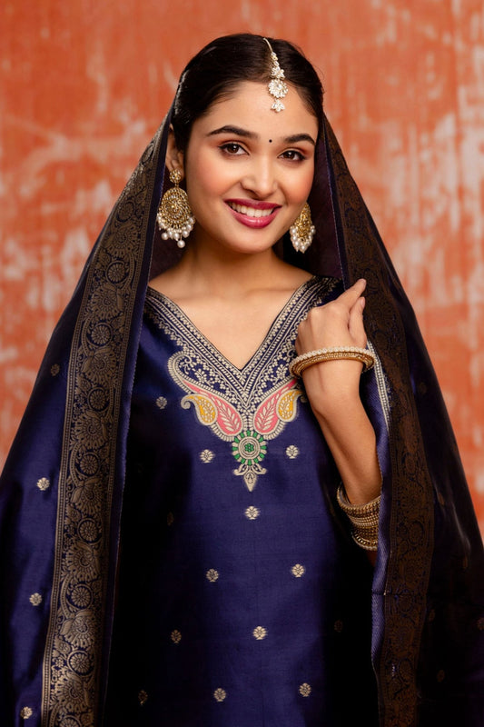 Navy Blue Cotton Blend Embroidered Straight Suit Set with Zari Work - Mangaldeep NX