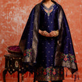Navy Blue Cotton Blend Embroidered Straight Suit Set with Zari Work - Mangaldeep NX