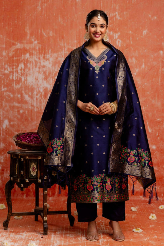Navy Blue Cotton Blend Embroidered Straight Suit Set with Zari Work - Mangaldeep NX