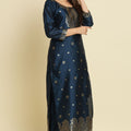 Navy Blue Cotton Silk Jacquard Salwar Suit with Zari Woven Dupatta - Mangaldeep NX