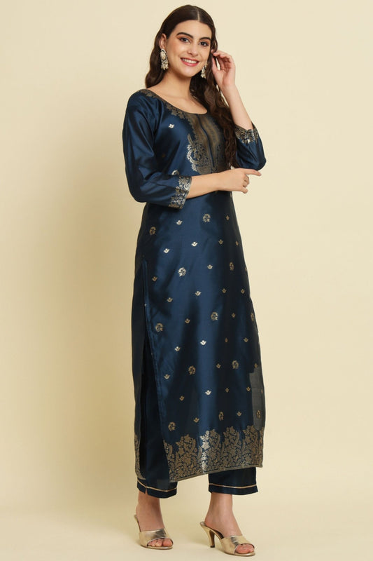 Navy Blue Cotton Silk Jacquard Salwar Suit with Zari Woven Dupatta - Mangaldeep NX