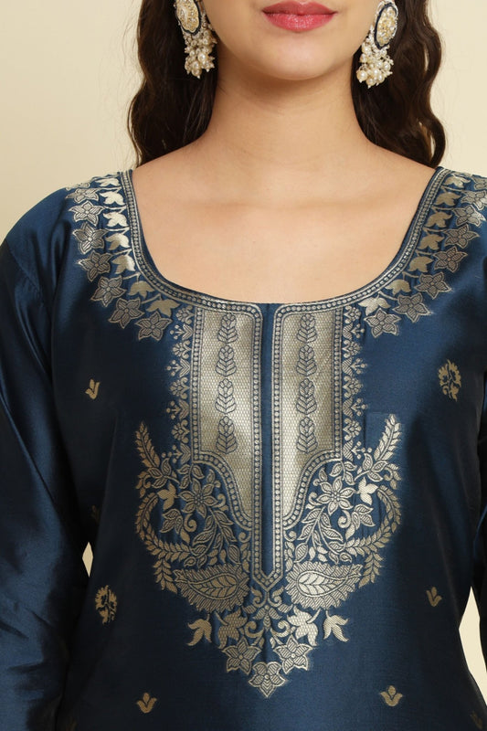 Navy Blue Cotton Silk Jacquard Salwar Suit with Zari Woven Dupatta - Mangaldeep NX
