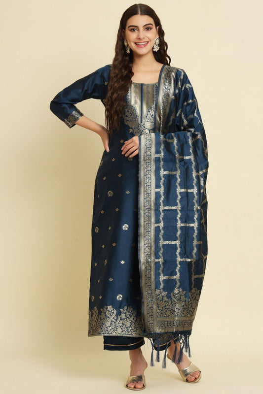 Navy Blue Cotton Silk Jacquard Salwar Suit with Zari Woven Dupatta - Mangaldeep NX