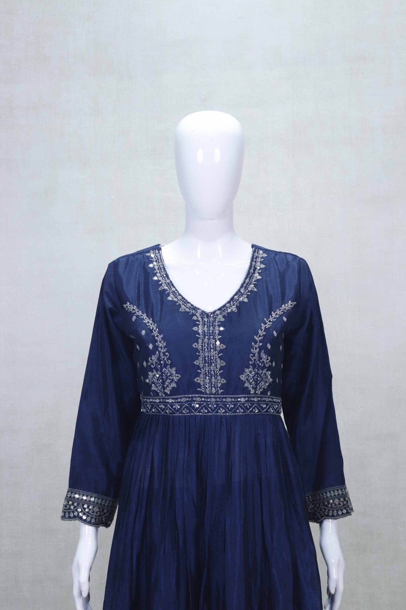 Navy Blue Embroidered Anarkali Suit Set with Palazzo Pants and Dupatta - Mangaldeep NX