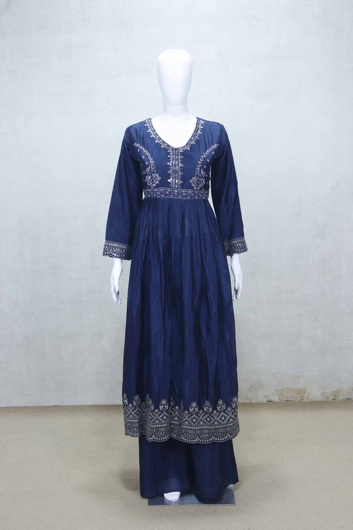 Navy Blue Embroidered Anarkali Suit Set with Palazzo Pants and Dupatta - Mangaldeep NX