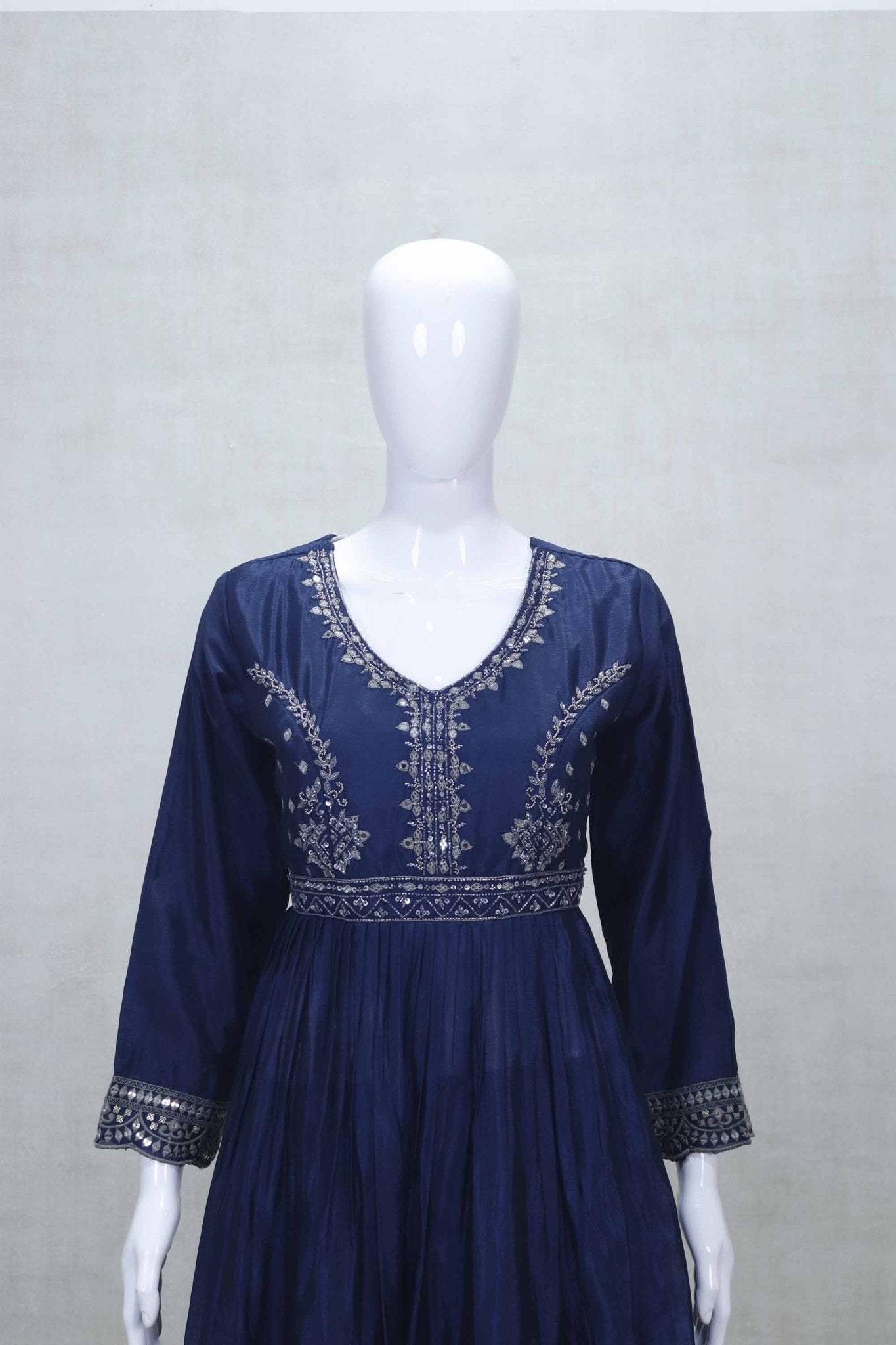 Navy Blue Embroidered Anarkali Suit Set with Palazzo Pants and Dupatta - Mangaldeep NX