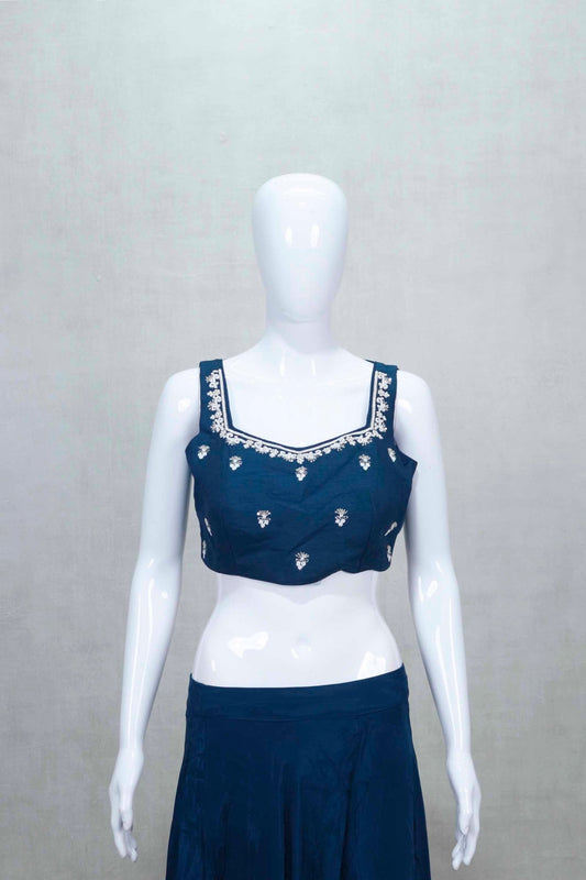 Navy Blue Embroidered Crop Top and Flared Skirt Set with Long Jacket - Mangaldeep NX