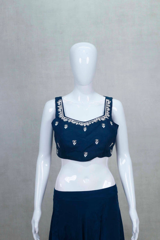 Navy Blue Embroidered Crop Top and Flared Skirt Set with Long Jacket - Mangaldeep NX