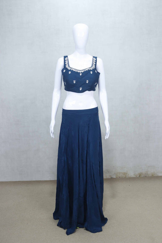 Navy Blue Embroidered Crop Top and Flared Skirt Set with Long Jacket - Mangaldeep NX