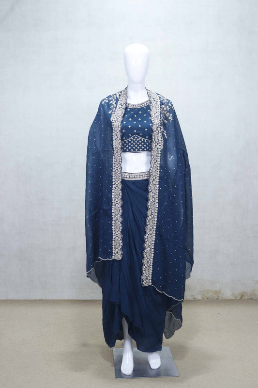 Navy Blue Embroidered Draped Saree Gown with Mirror Work Crop Top and Dupatta - Mangaldeep NX