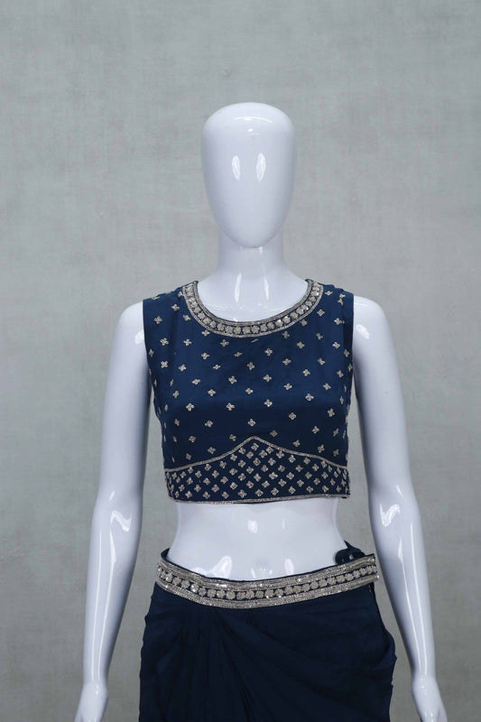 Navy Blue Embroidered Draped Saree Gown with Mirror Work Crop Top and Dupatta - Mangaldeep NX