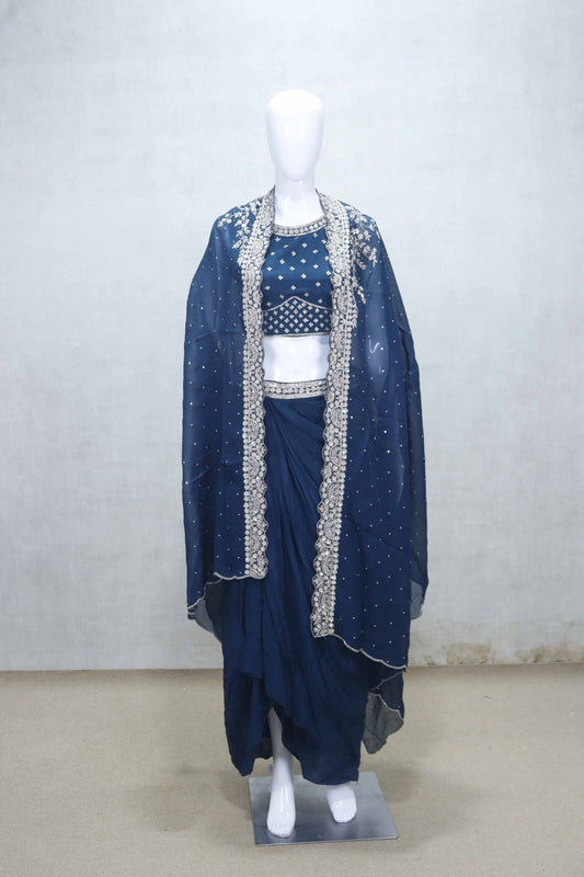 Navy Blue Embroidered Draped Saree Gown with Mirror Work Crop Top and Dupatta - Mangaldeep NX
