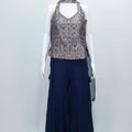 Navy Blue Embroidered Halter Neck Top with Flowy Palazzo Pants Set - Mangaldeep NX