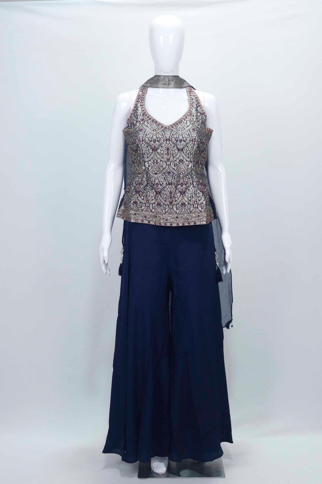 Navy Blue Embroidered Halter Neck Top with Flowy Palazzo Pants Set - Mangaldeep NX