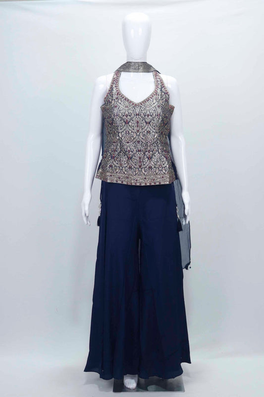 Navy Blue Embroidered Halter Neck Top with Flowy Palazzo Pants Set - Mangaldeep NX