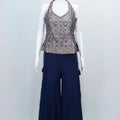 Navy Blue Embroidered Halter Neck Top with Flowy Palazzo Pants Set - Mangaldeep NX