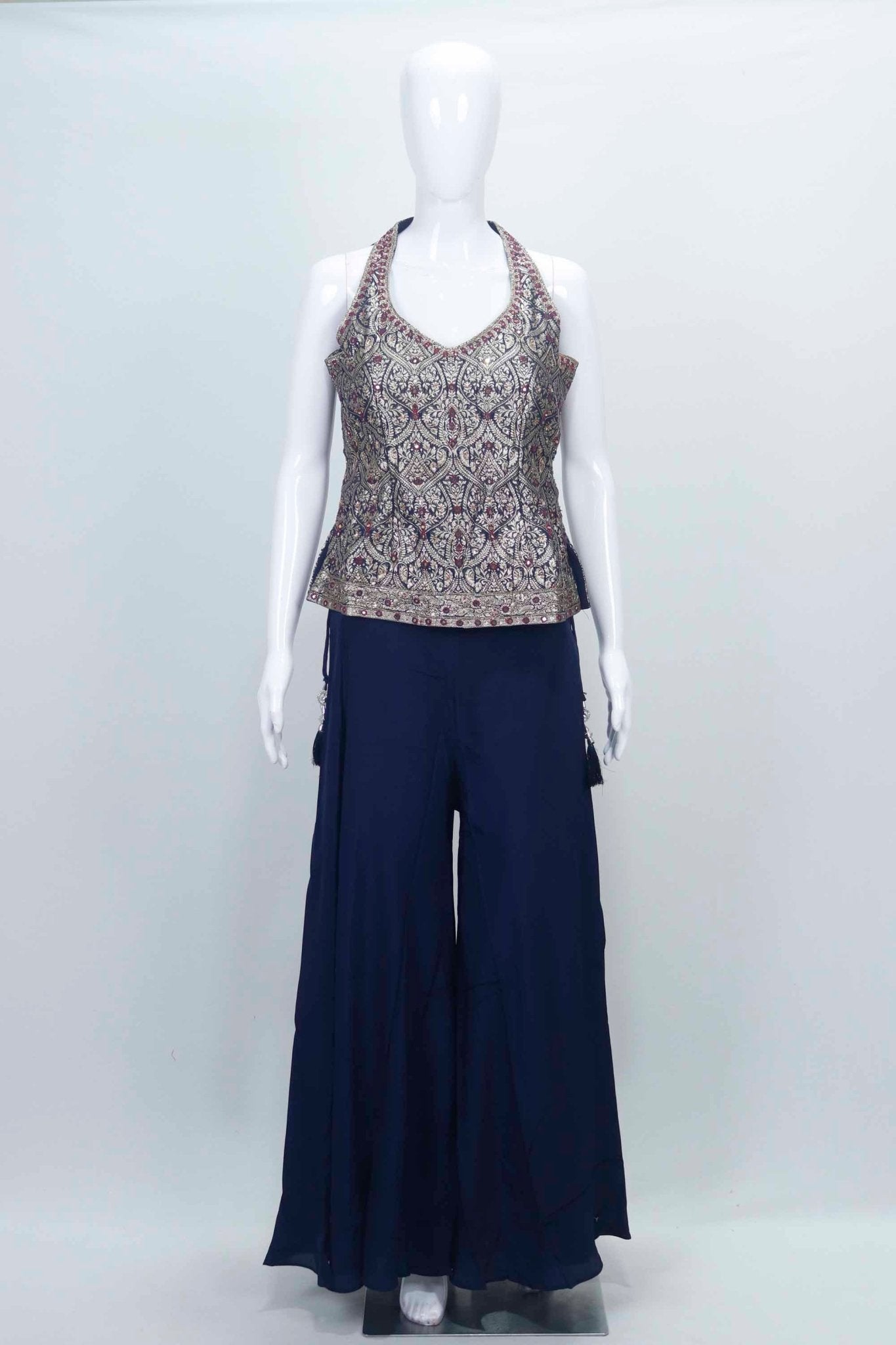 Navy Blue Embroidered Halter Neck Top with Flowy Palazzo Pants Set - Mangaldeep NX