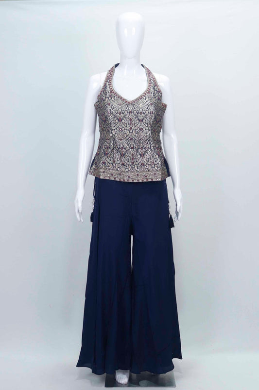 Navy Blue Embroidered Halter Neck Top with Flowy Palazzo Pants Set - Mangaldeep NX