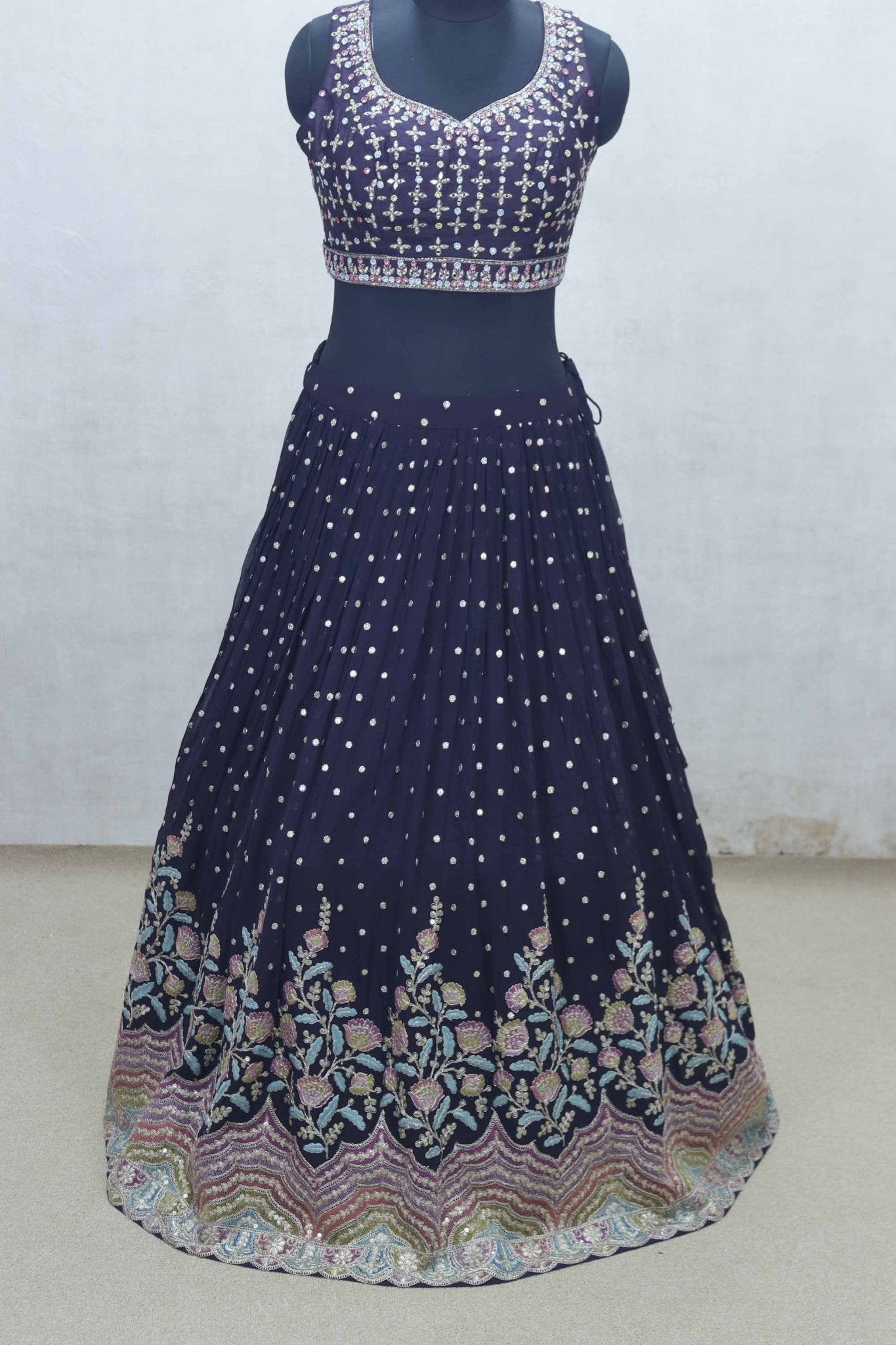 Navy Blue Embroidered Lehenga Choli with Mirror Work Blouse and Floral Zari Border Dupatta - Mangaldeep NX
