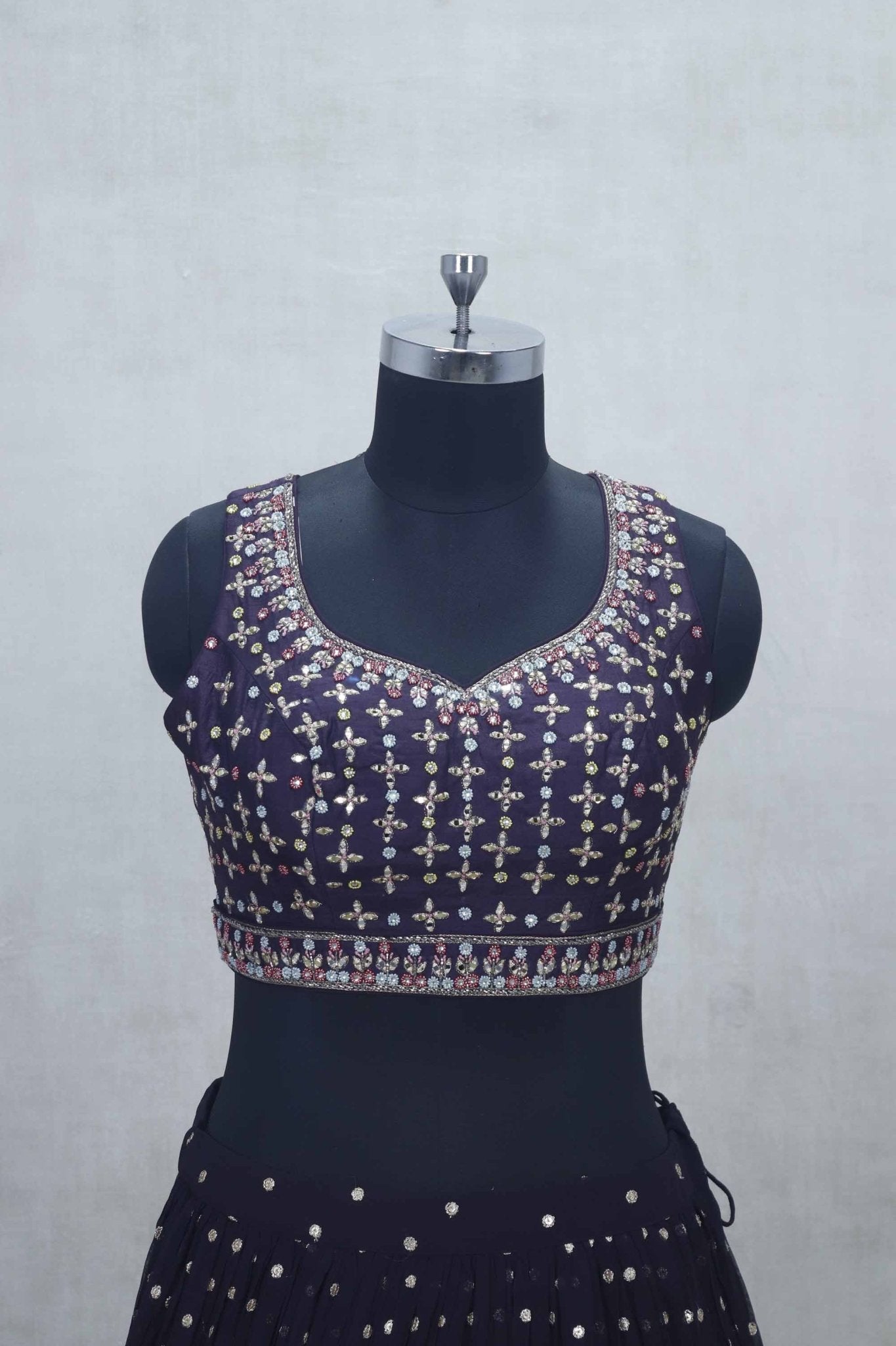 Navy Blue Embroidered Lehenga Choli with Mirror Work Blouse and Floral Zari Border Dupatta - Mangaldeep NX