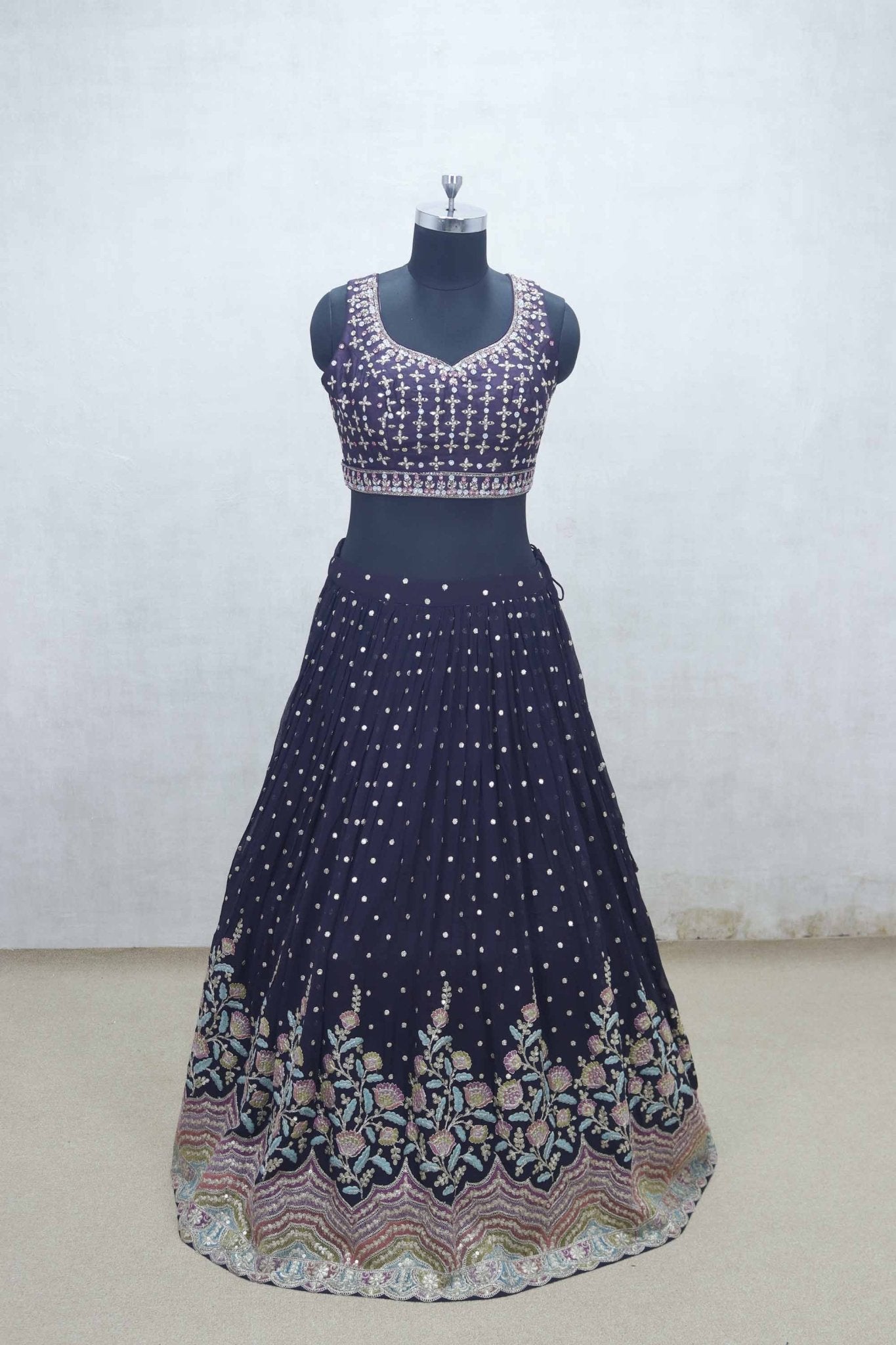 Navy Blue Embroidered Lehenga Choli with Mirror Work Blouse and Floral Zari Border Dupatta - Mangaldeep NX