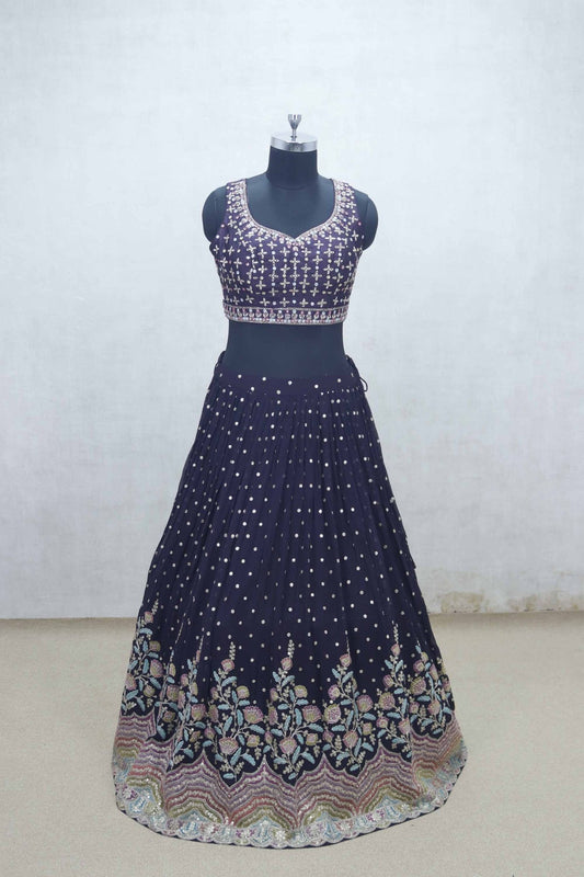 Navy Blue Embroidered Lehenga Choli with Mirror Work Blouse and Floral Zari Border Dupatta - Mangaldeep NX