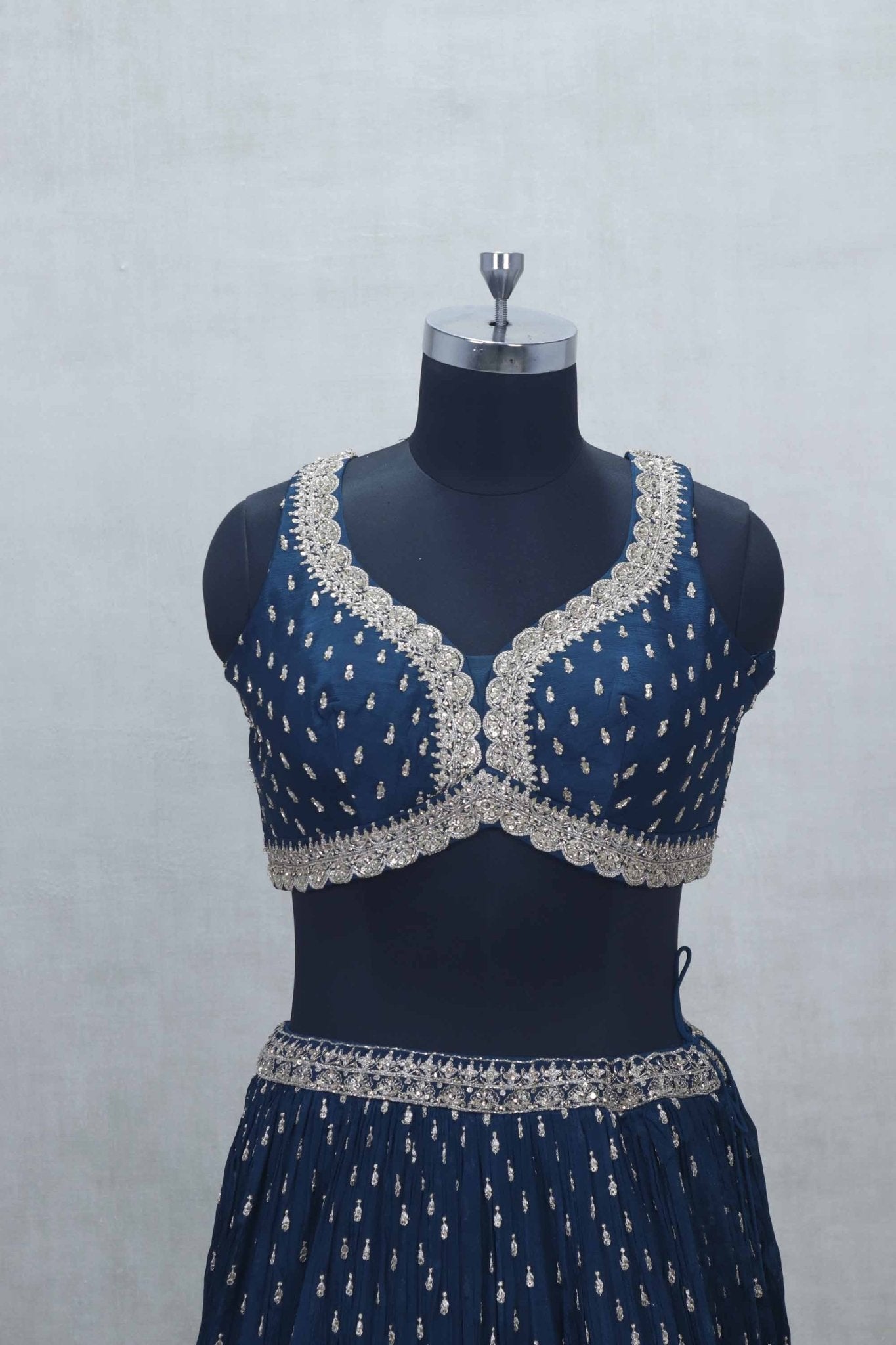 Navy Blue Embroidered Lehenga Choli with Scalloped Mirror Work Blouse and Sequined Zari Border Dupatta - Mangaldeep NX