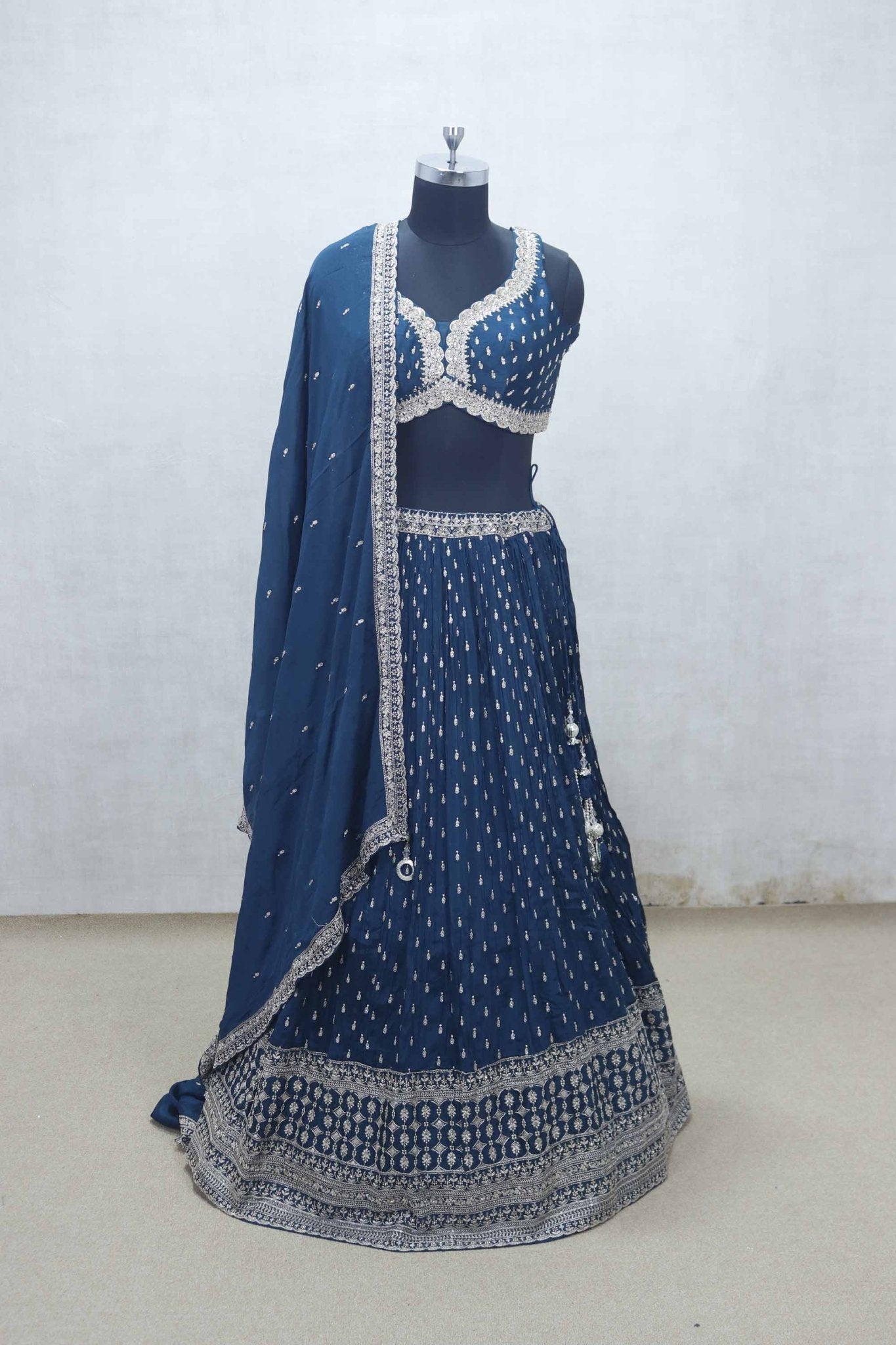 Navy Blue Embroidered Lehenga Choli with Scalloped Mirror Work Blouse and Sequined Zari Border Dupatta - Mangaldeep NX