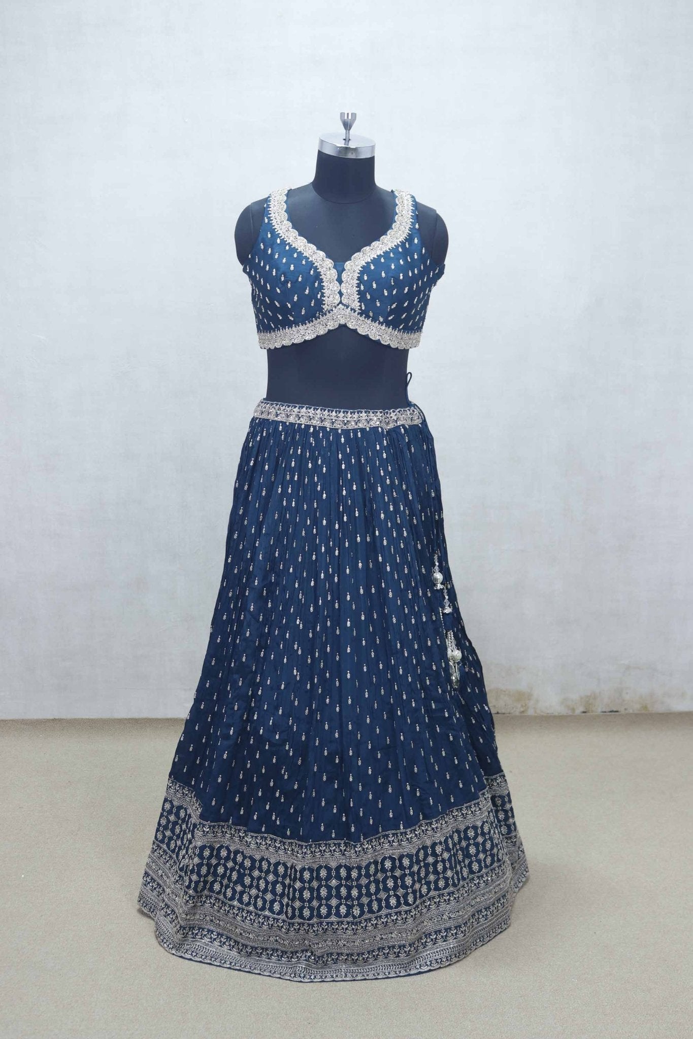 Navy Blue Embroidered Lehenga Choli with Scalloped Mirror Work Blouse and Sequined Zari Border Dupatta - Mangaldeep NX