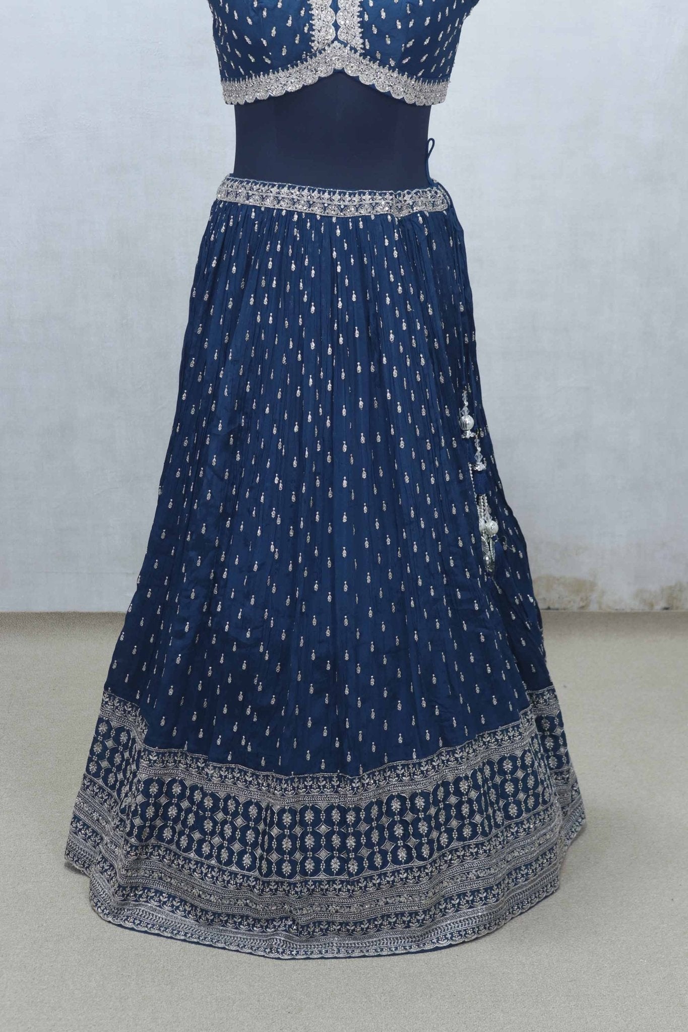 Navy Blue Embroidered Lehenga Choli with Scalloped Mirror Work Blouse and Sequined Zari Border Dupatta - Mangaldeep NX