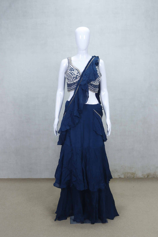 Navy Blue Embroidered Ruffle Lehenga Choli Set for Festive and Party Wear - Mangaldeep NX