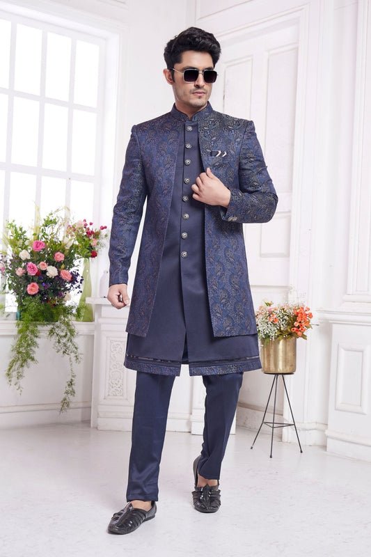 Navy Blue Embroidered Silk Indo - Western Sherwani Set for Men with Leaf Motif Detailing and Kurta Pants - Mangaldeep NX