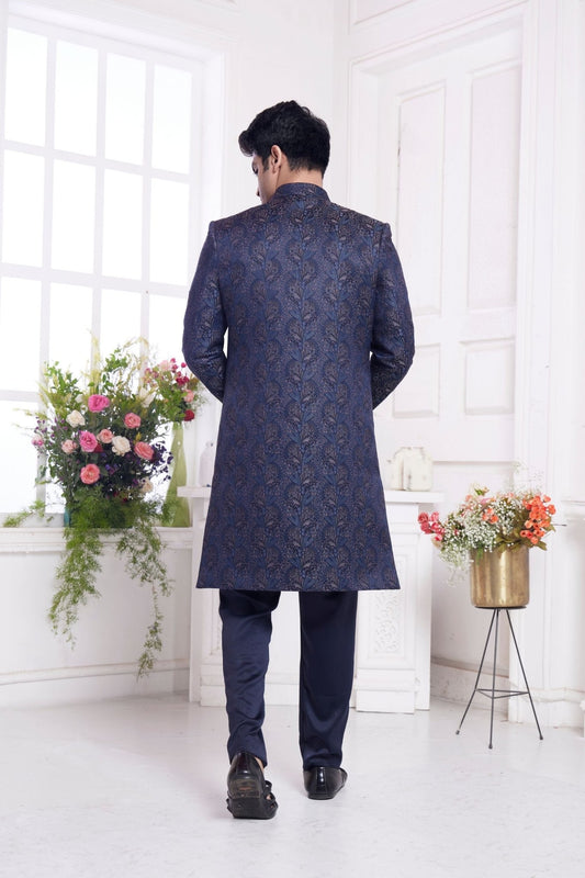Navy Blue Embroidered Silk Indo - Western Sherwani Set for Men with Leaf Motif Detailing and Kurta Pants - Mangaldeep NX