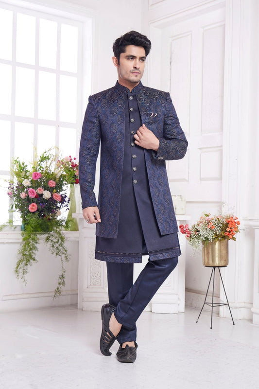 Navy Blue Embroidered Silk Indo - Western Sherwani Set for Men with Leaf Motif Detailing and Kurta Pants - Mangaldeep NX