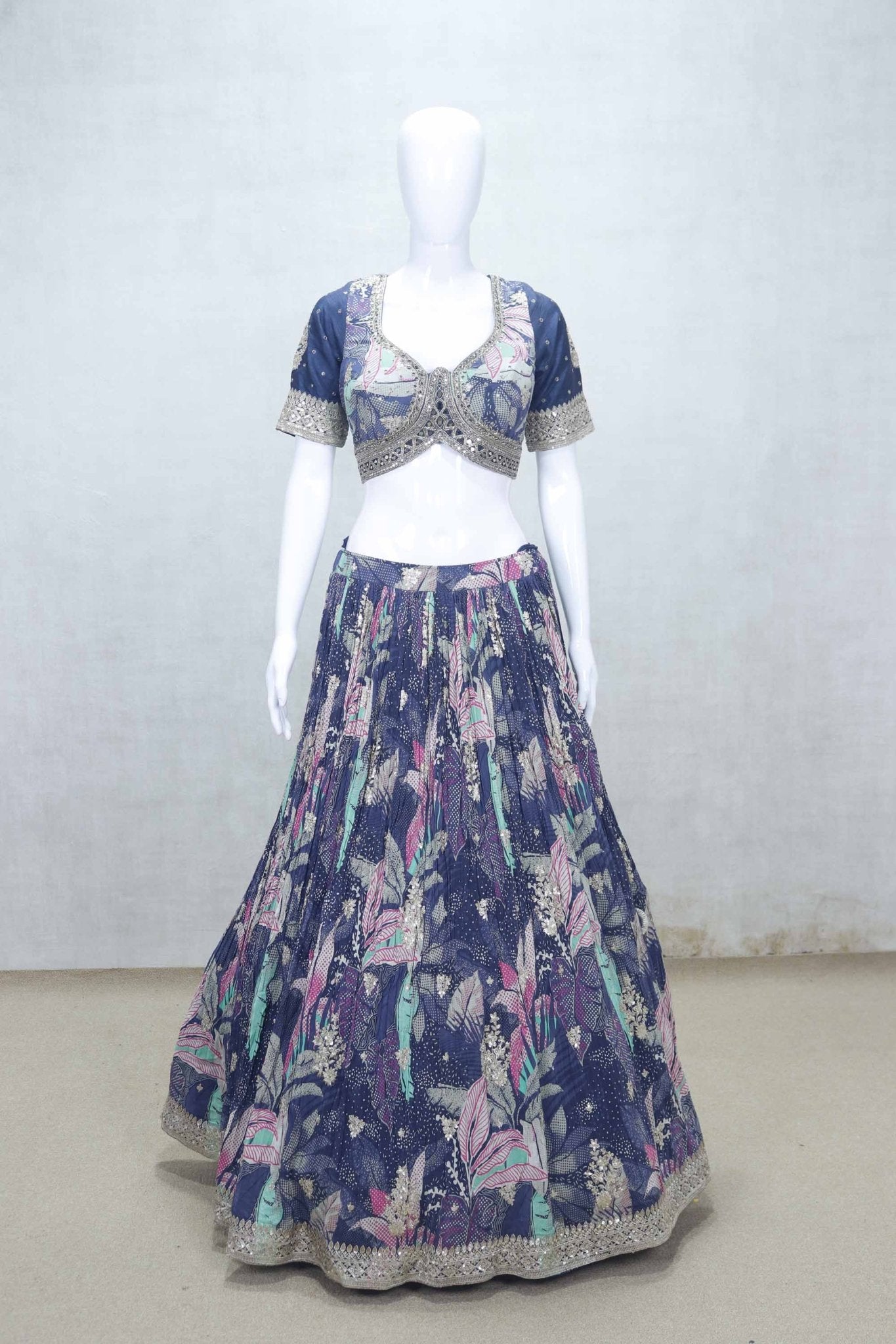 Navy Blue Floral Embroidered Lehenga Choli Set with Mirror Work and Net Dupatta - Mangaldeep NX