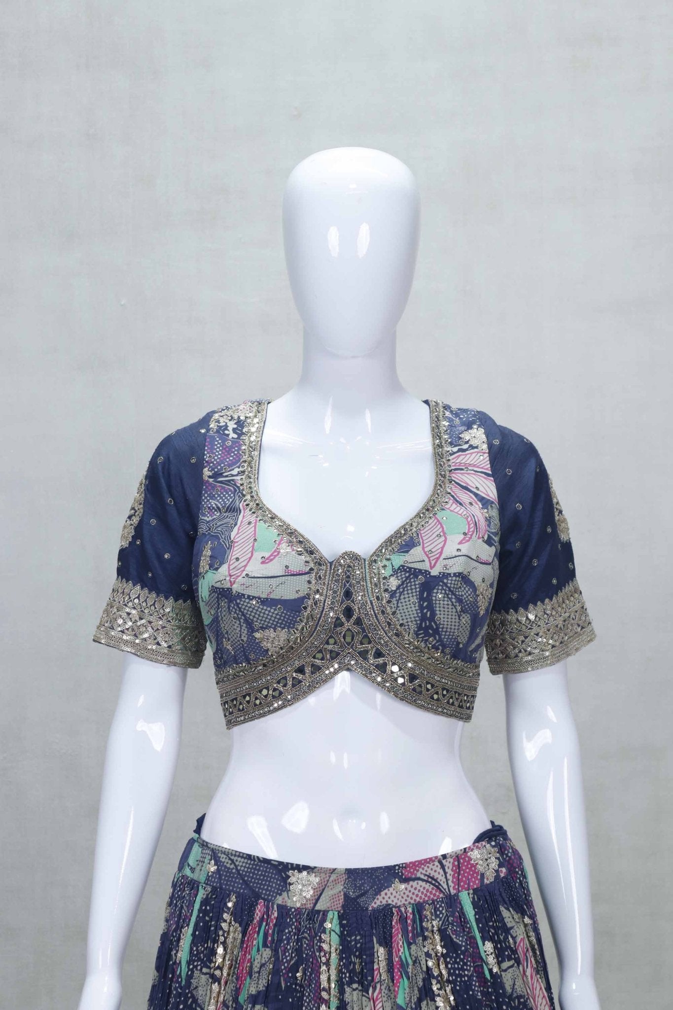 Navy Blue Floral Embroidered Lehenga Choli Set with Mirror Work and Net Dupatta - Mangaldeep NX