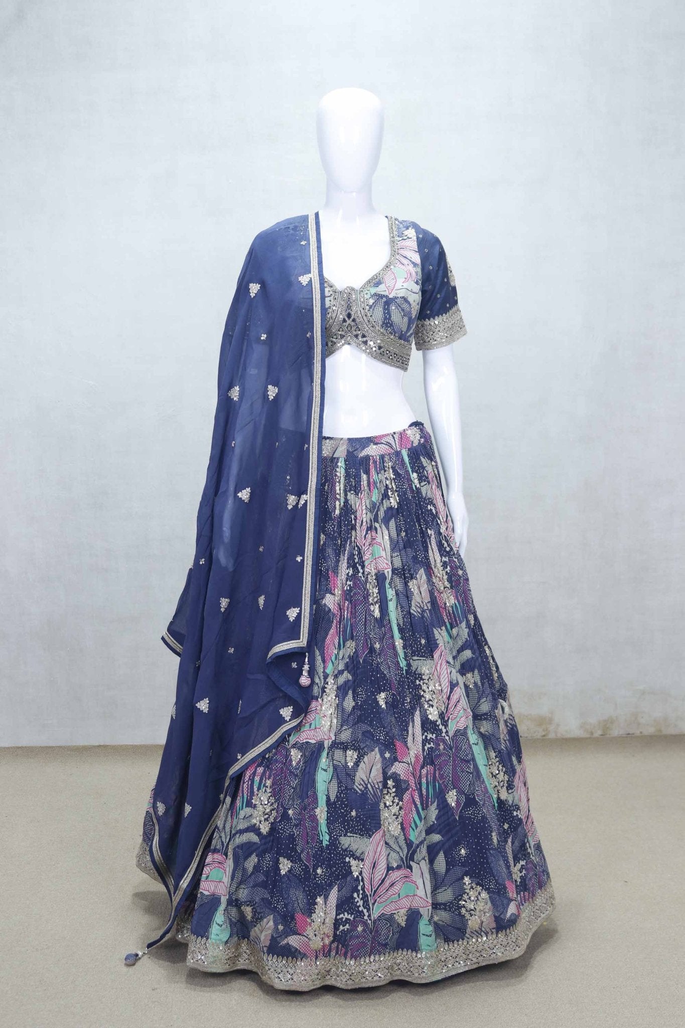 Navy Blue Floral Embroidered Lehenga Choli Set with Mirror Work and Net Dupatta - Mangaldeep NX