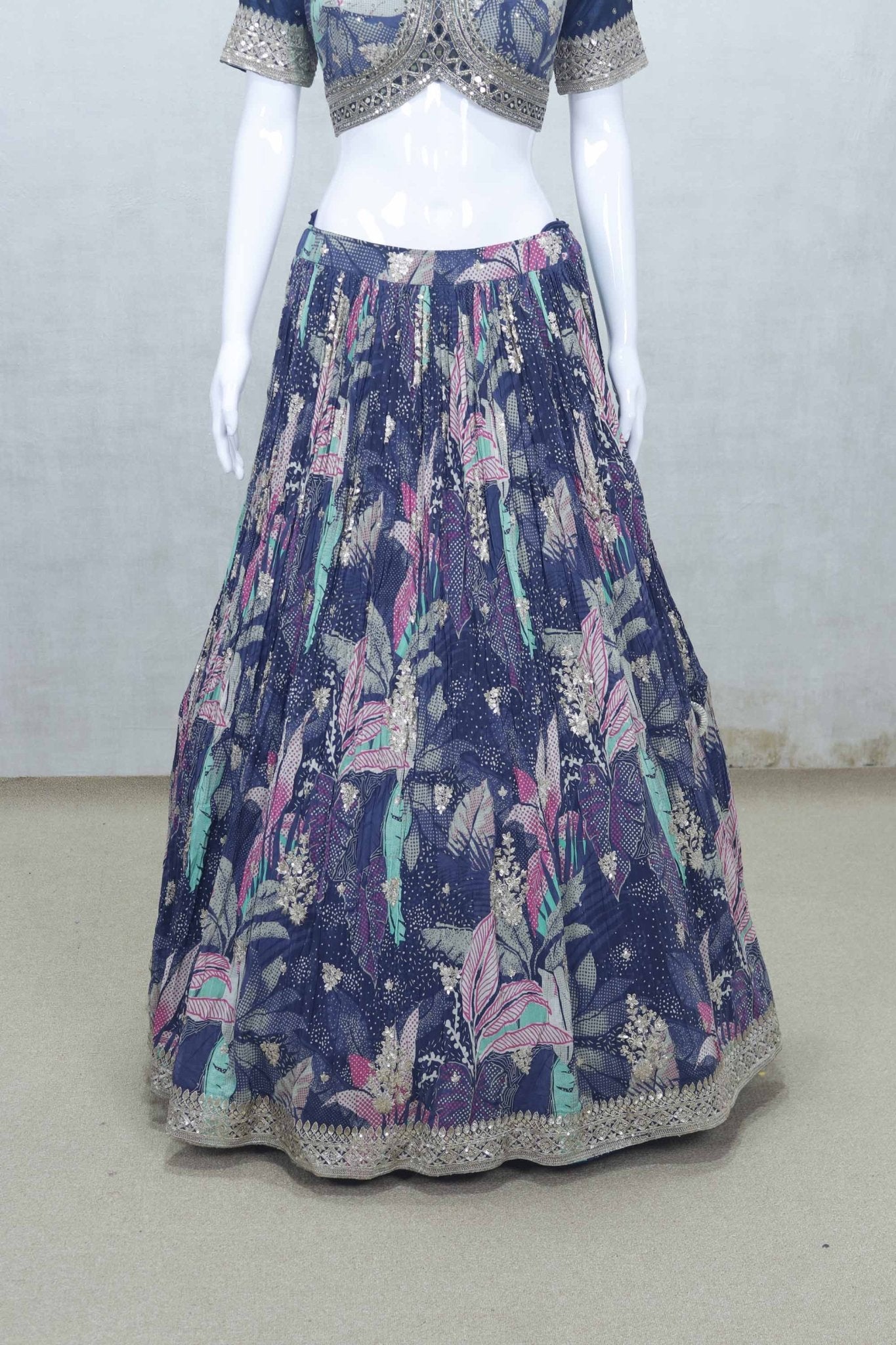 Navy Blue Floral Embroidered Lehenga Choli Set with Mirror Work and Net Dupatta - Mangaldeep NX