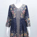 Navy Blue Floral Mirror Work Sharara Suit Set with Embroidered Kurta and Dupatta - Mangaldeep NX