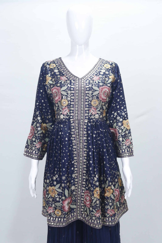 Navy Blue Floral Mirror Work Sharara Suit Set with Embroidered Kurta and Dupatta - Mangaldeep NX
