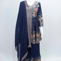 Navy Blue Floral Mirror Work Sharara Suit Set with Embroidered Kurta and Dupatta - Mangaldeep NX