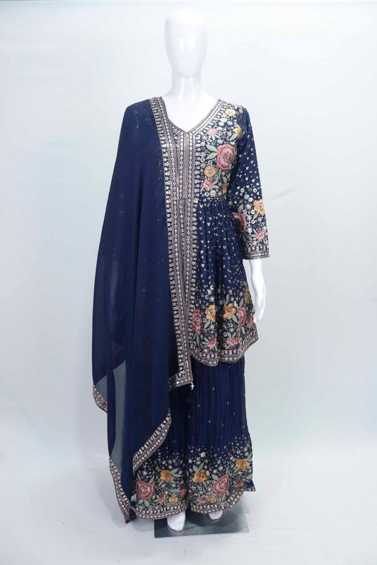 Navy Blue Floral Mirror Work Sharara Suit Set with Embroidered Kurta and Dupatta - Mangaldeep NX