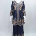 Navy Blue Floral Mirror Work Sharara Suit Set with Embroidered Kurta and Dupatta - Mangaldeep NX