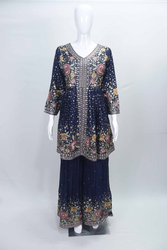 Navy Blue Floral Mirror Work Sharara Suit Set with Embroidered Kurta and Dupatta - Mangaldeep NX